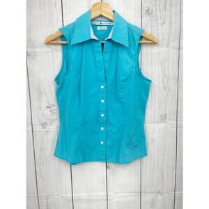 Vintage Y2K Tommy Hilfiger Blue Sleeveless Button Up Top Stretch Blouse Size 6